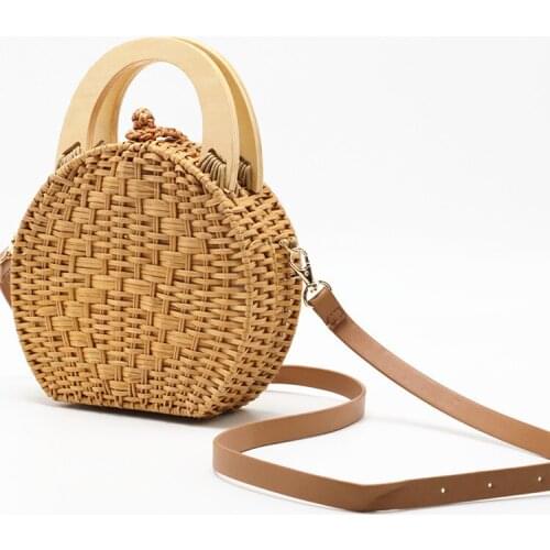 Wooden Handle Rattan Woven Bag Women Straw Shoulder Bag Crossbody Handbags Summer Beach Bag