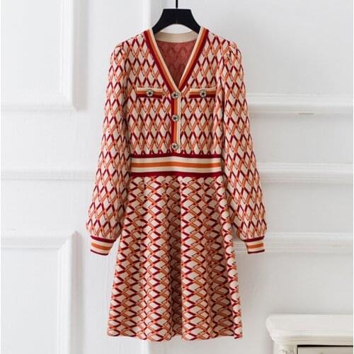 Autumn Winter Vintage Mini Party Christmas Dress Women New V Neck Long Sleeve Geometric Pattern Knit Sweater Dress Robe Femme