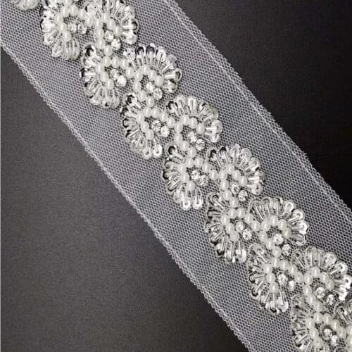 3Yds Handmade Sequin Pearl Beaded Lace Applique Trim Mesh Back Fabric for Dance Dress Costume