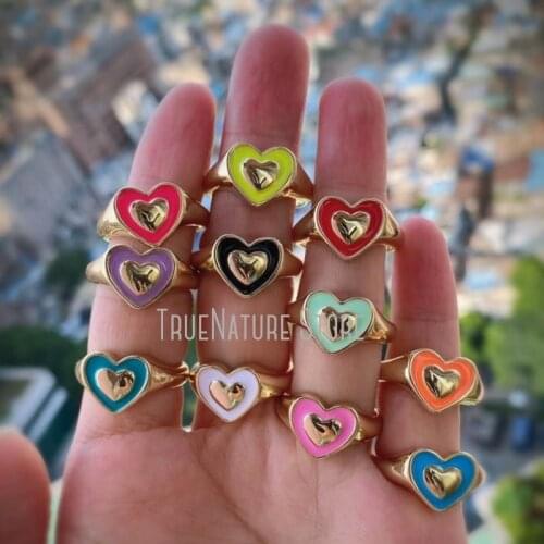 5Pcs RM40076 Copper Jewelry Adjustable Copper Jewelry Heart Shaped Ring Gold Plated Enamel Heart Shape Colors Gold Plated Ring