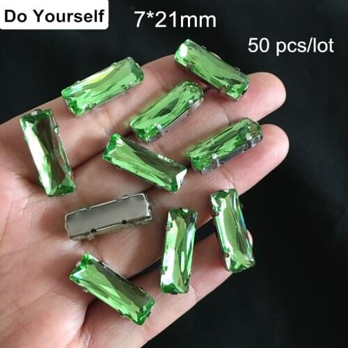 50 pcs Green Color Glass Sewing On Beads,7*21mm Sew on Crystal Glass Beads in Silver Prong Setting,Flat Back Sewing Beads