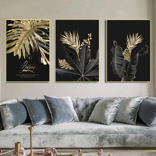 Modern Style Nordic Decoration Black Gold Feather Plant Leaf Wall Art Poster and Canvas Print Art Aisle Living Room Decoration