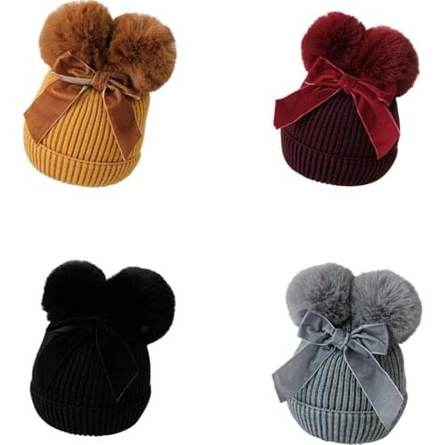 Children Baby Beanies Cap Hat Pompon Bow Knot Winter Knitted Hat Cute Cap Girls Boys Casual Solid Hat Baby Accessories 2-6Y