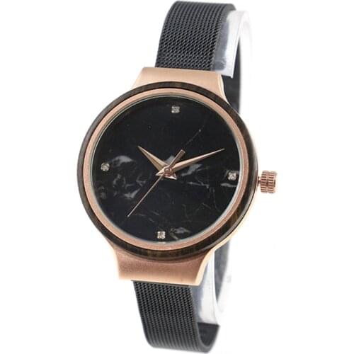 Dropshipping Women Girls Lady Black Marble Stone Quartz Rhinestone Rose Gold Metal and Ebony Wood Watches with Steel Mesh Strap
