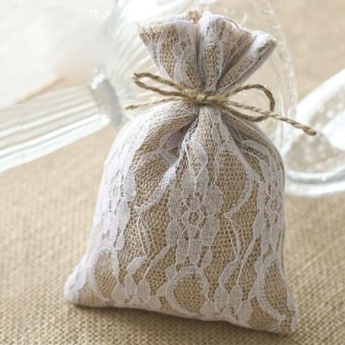 Lace Hessian Gift Drawstring Pouch 10x15cm(4"x6") Pack of 50 Burlap Packaging Bags Sack