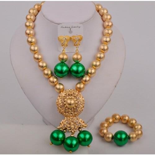 Fashion Green Nigerian Wedding Necklace Set Simulated Pearl Beaded African Jewelry Set