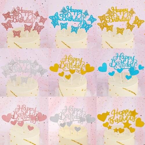 New INS Happy Birthday Glitter Paper Cake Toppers Blue Butterfly Love Baking Cake Topper for Kids Birthday Party Cake Decoration
