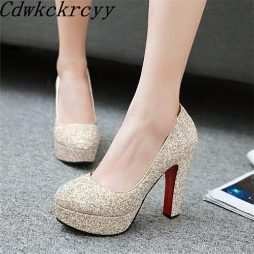 Spring New pattern fashion Round head temperament High-heeled Women Shoes Golden silvery Sequins banquet marry Women Shoes 34-43