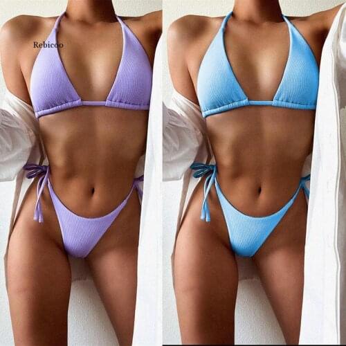 New Micro Bikini Swimsuit Women Feeling Triangle Bikini Push Up Pure Color Poly Chest Bikini Three Point Than The Canal
