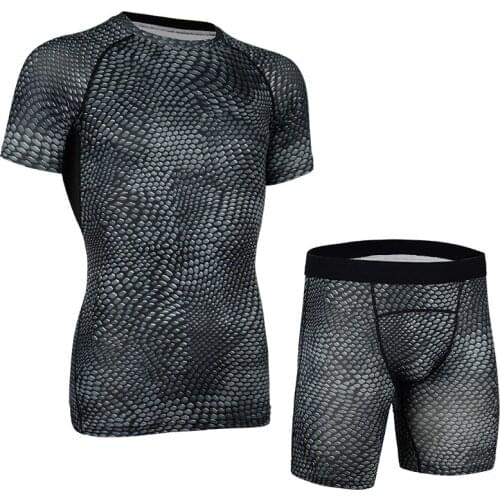 Qucick Dry Solid Short Sleeve T-shirt Leggings Gym Sport Suit Men Sportswear Workout Clothes Compression Running Suit