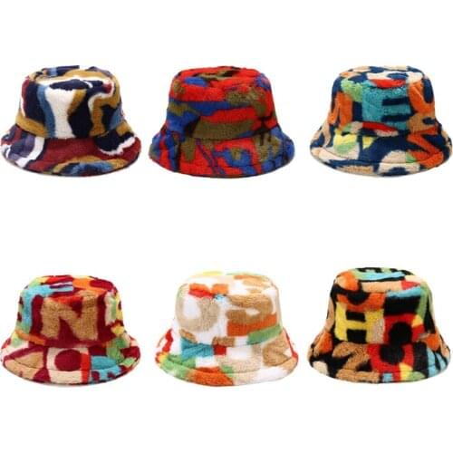 L93F Colorful Letter Print Bucket Hat Faux Fur Fisherman Hat Foldable Furry Sun Hat Winter Warm Flat Top Hat for Women