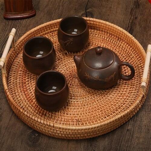 Hand-Woven Round Rattan Tray Fruit Snacks Storage Basket Organizer with Handle Autumn woven storage tray snack fruit tray