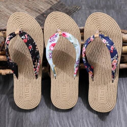 Women Shoes Summer Floral Flip Flops Beach Sandals Thongs Slippers sandals Imitation hemp rope travel flip-flops flat-bottom