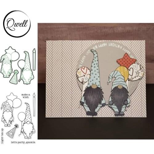 QWELL Cutting Dies & Clear Stamps Combos Gnome Birthday Hat Candle Balloon Making A Wish DIY Scrapbooking Album Paper Card Craft