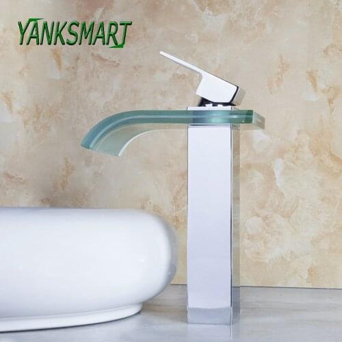 YANKSMART Bathroom Faucet Waterfall Deck Mounted Basin Sink Faucets Chrome Polished With Glass Single Handle Mixer Water Tap