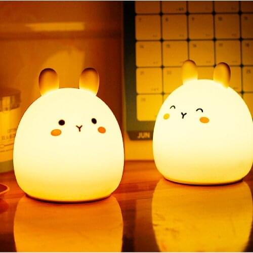LED Silicone Cute Fat Rabbit Night Light Touch Remote Dimmable Timer Animal Soft Cartoon Lamps for Children Bedroom Baby Gift