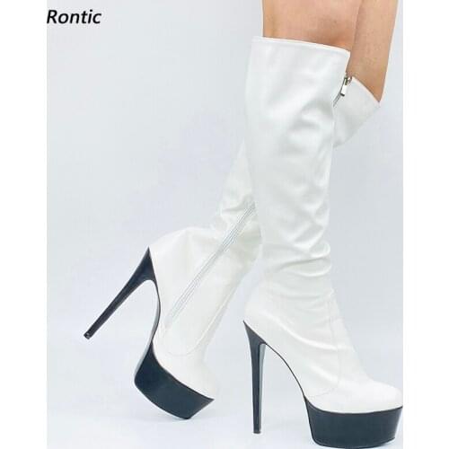Rontic New Arrival Women Winter Platform Knee Boots Italian Style Sexy Stiletto Heel Round Toe White Party Shoes Us Size 5-20