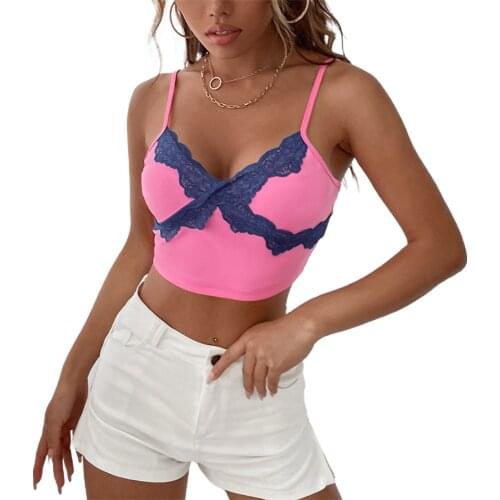 Womens Crop Cami Tops, Sleeveless Spaghetti Strap Lace Patchwork Color Block Camisole