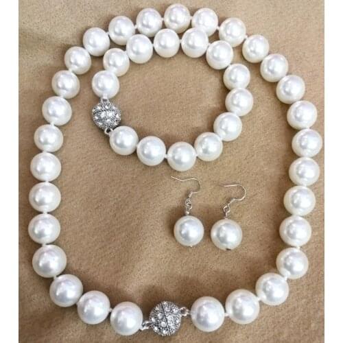 Women Jewelry Set 12mm 14mm 16mm round bead white natural south sea shell pearl bracelet necklace + hook earrings Magnet clasp