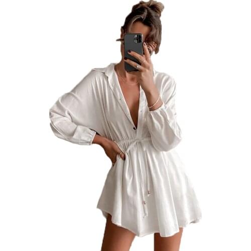 Women Vintage White Color Bandage A-line Party Dress Long Sleeve Sexy Deep V neck Casual Mini Dress 2021 Autumn Fashion Dress