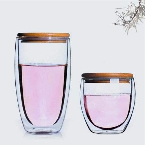 1PC 260ml-450ml Double Glass Coffee Cup With Bamboo Lid Daily Drinkware Juice Mug Personal Water Tea Cup Hotsale
