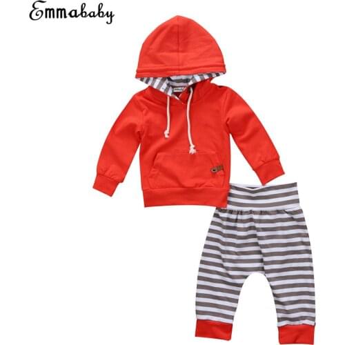 2PCS Newborn Baby Kids Boys Long Sleeves Hooded Tops T-shirt Hoodies +Striped Pants Outfit Set