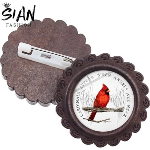 SIAN New Arrival Red Bird Wood Brooches Cardinals Appear When Angels Are Near Art Glass Pattern Handmade Backpack Bag Badge Pins