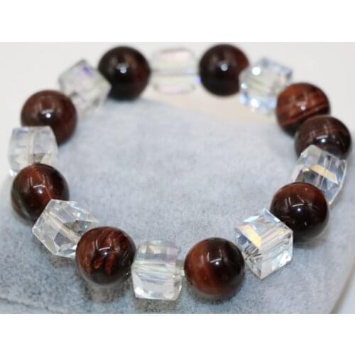 Bohemia style 12mm natural red tiger stone round beads charms bracelet for women 10mm white crystal jewelry 7.5inch B2941