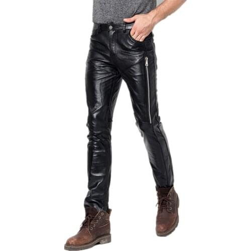 Skinny Genuine Leather Pants 2021 Mens New Fashion Cool Sheepskin Leather Motorcycle Pants Men Streetwear Motorcycle pants