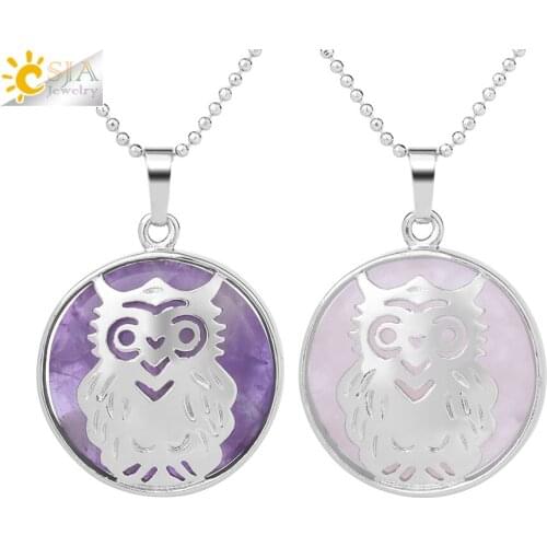 CSJA Reiki Quartz Natural Stone Pendants Owl Necklace Purple Pink White Crystal Green Aventurine Tiger Eye Chakra Jewelry F969