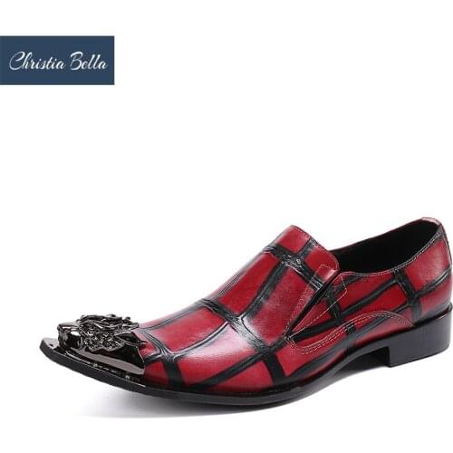 Christia Bella Designer Brand Metal Charm Men Business Shoes Pointed Toe Formal Dress Shoes Genuine Leather Party Men Shoes Red