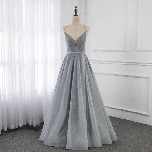Elegant Gray Long Prom Dresses Sexy Straps Formal Evening Gown Back Lace-up