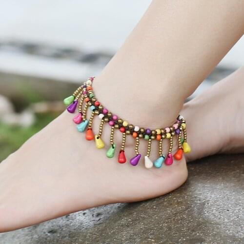 European and American Bohemian Style Turquoise Droplet Pendant Womens Anklet Wax Thread Hand-woven Beach Style Female Anklet