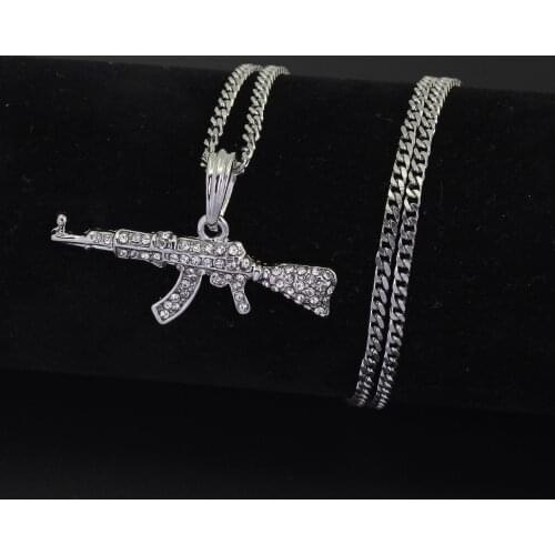 HipHop Rhinestone Paved Bling Gold Silver Color Stainless Steel Ak 47 Gun Pendants Necklace For Men Rapper Best Jewelry Choker