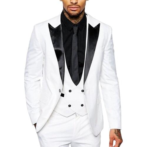 Men Suit Casual Formal 3 Pieces Business Groomsmen Grey White Champagne Lapel Tuxedos For Wedding Blazer+Pants+Vest