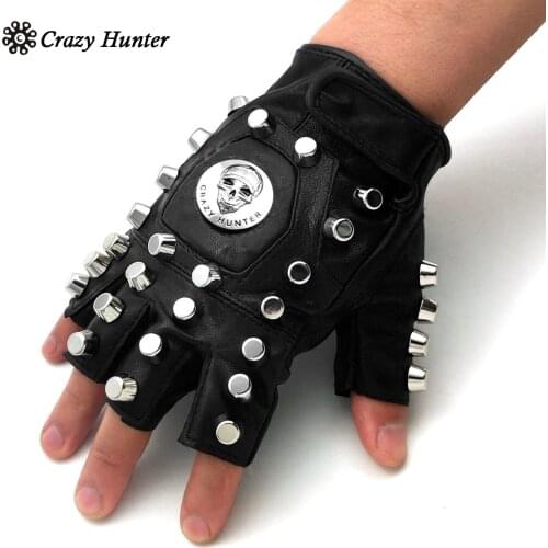 Gothic Skull Rivet Leather Half Finger Gloves Men Rock Dancing Biker Gloves