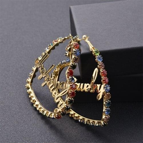 Colorful Custom Name Earrings Personalzied Zircon Hoop Earrings Stainless Steel Heart Customized Earrings Name Diamond Wedding