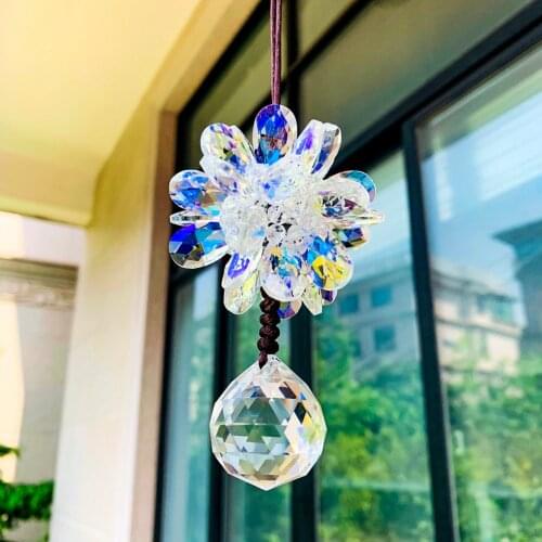 AB Color Peony Flower Crystal Prisms Car Pendant Suncatcher Rainbow Maker Auto Hanging Ornaments Rearview Mirror Car Decoration