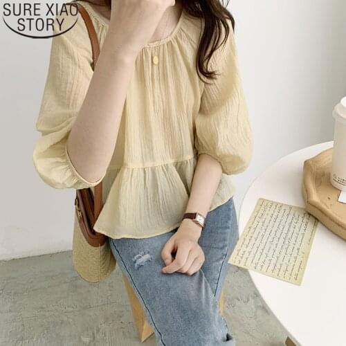 Sweet Ruffled Blouse Women Loose Shirt Chiffon Shirt Summer Solid Womens Blouse 2021 Round Neck Pleated Top Female Blusas 15371