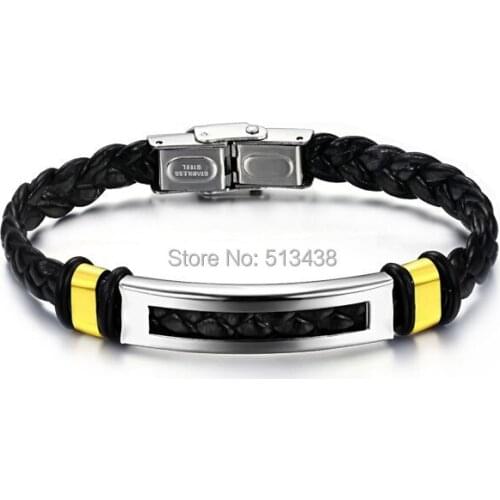 Fashion Jewelry PU leather Stainless Steel Mens Bracelet for Nice Gifts 2-Tone 8