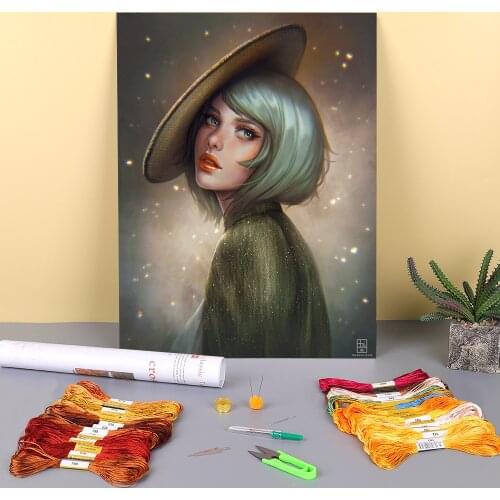 Cartoon Girl Woman Pre-Printed 11CT Cross Stitch Embroidery Patterns DMC Threads Needlework Hobby Craft Handiwork Magic