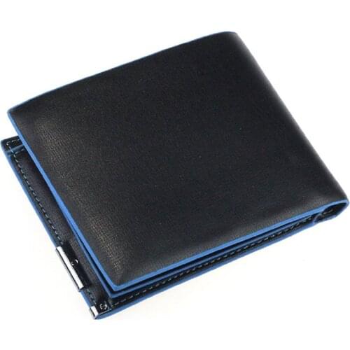 Man Wallet Card Leather Bag Pockets Bifold Money Clip (Black + Blue)