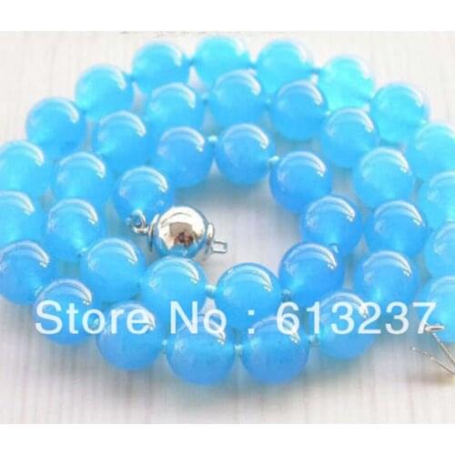 Newly style 10mm Fashion round beads blue chalcedony jades stone making hot necklace 18'' MY4597