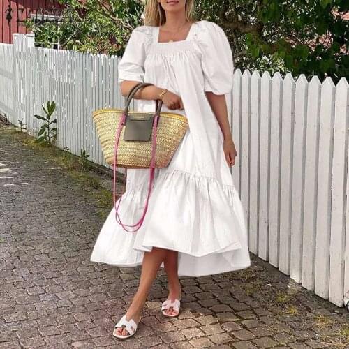 Elegant Square Neck Puff Sleeve Mid-calf Dress ZANZEA Women 2021Summer Solid Party Sundress Casual Ruffles Hem Holiday Vestidos7
