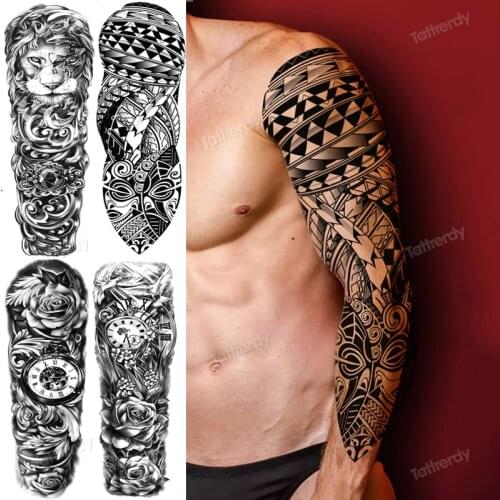 Full arm temporary tattoo large men machine black henna tattoo sticker sexy animal tiger lion skull sleeve tattoo waterproof big