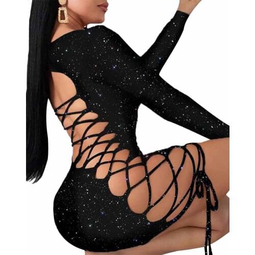 Sexy Hollow-Out Dress Mini Lace-Up Dress Glitter Sequins Bodycon Skirt Low Cut Dress