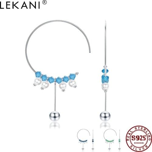 LEKANI 925 Sterling Silver Round Beads Earrings Dangle Colorful Geometry Square Austria Crystal Hoop Earrings Women Jewelry