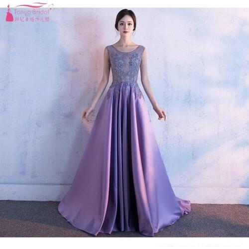 Gray purple Appliques Beading O Neck Sleeveless Floor-length Satin Simple Plus Size Elegant A Line Evening Dresses JQ587