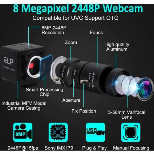 8MP 3264X2448 USB Camera Machine Vision Webcam Sony IMX179 2.8-12mm Varifocal CS Lens Box Surveillance USB Industrial Camera