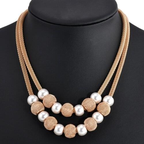 Volunge 2017 Fashion Double Layer Chain Imitation Pearl Ball Pendants Chokers Necklaces for Women Collares New Jewelry